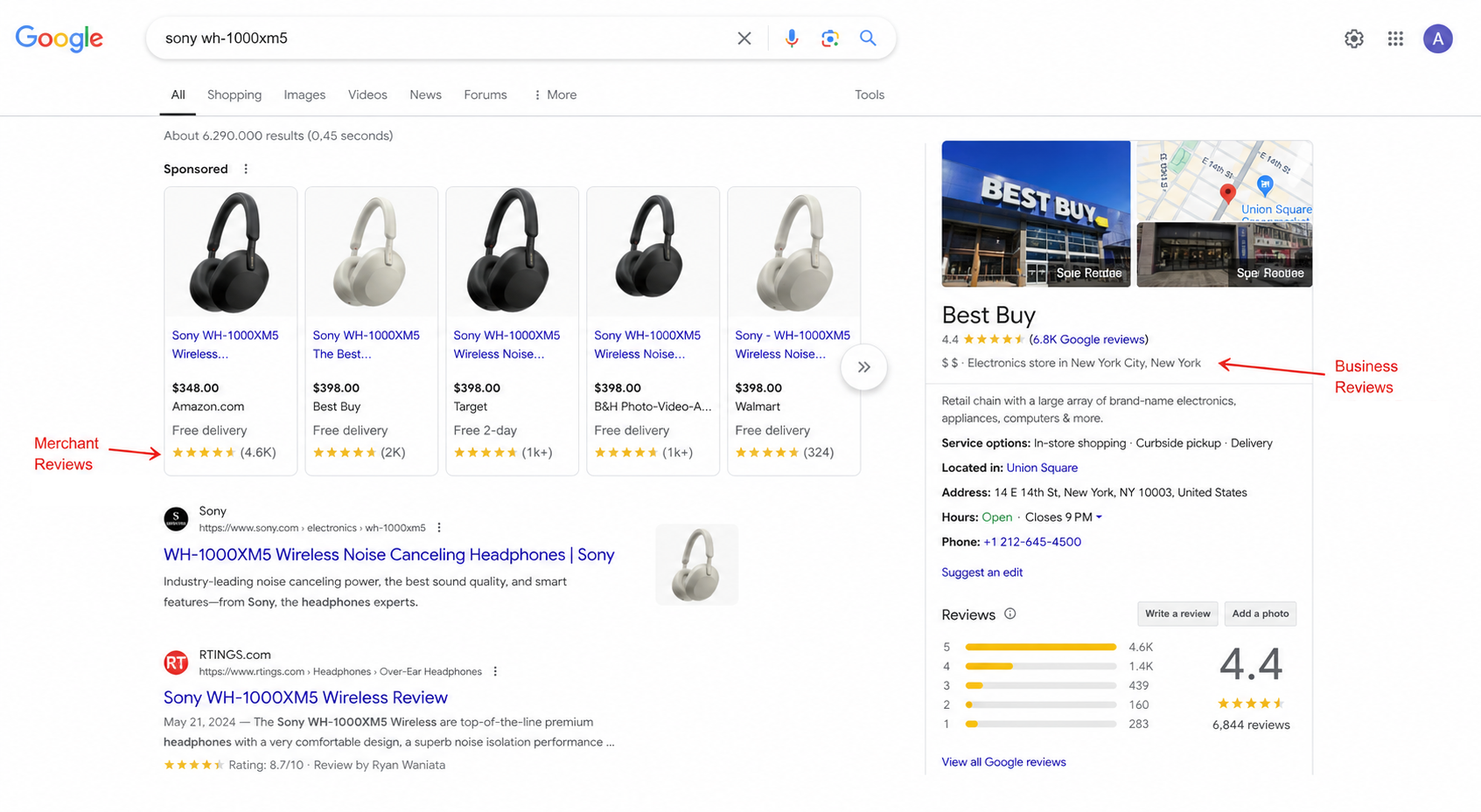 Google Business Reviews vs Google Merchant Reviews in search results