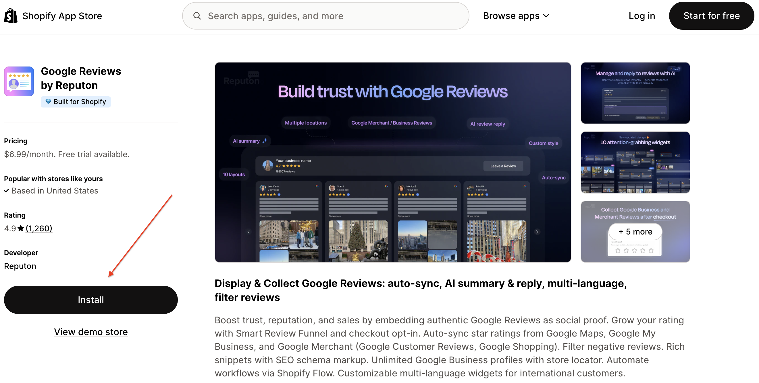 Google Reviews Widget by Reputon in Shopify App Store