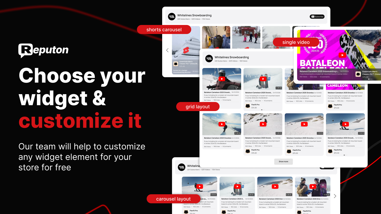 YouTube video gallery grid and carousel layouts